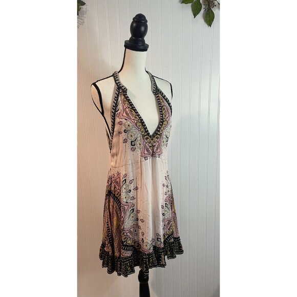 Free People Women’s L Tunic Top Mini Dress Steal The Sun Print Light Pink Boho - Picture 3 of 15